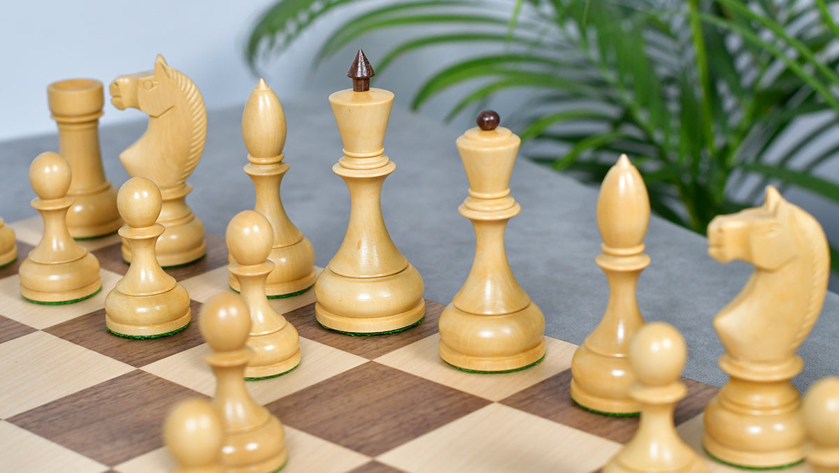 Combo Of Circa 1930s "Leningrad Schoolboy" Soviet Chess Pieces 4.2 inch King in Sheesham & Boxwood - 1530 Grams With Minimalist Walnut Maple Wooden Chess Board Matte Finish