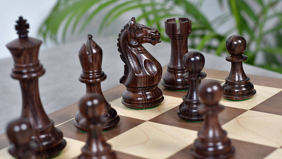 Fierce Knight (Queen's Gambit Series) Staunton Chess Pieces in Rosewood & Boxwood - 4.1" King