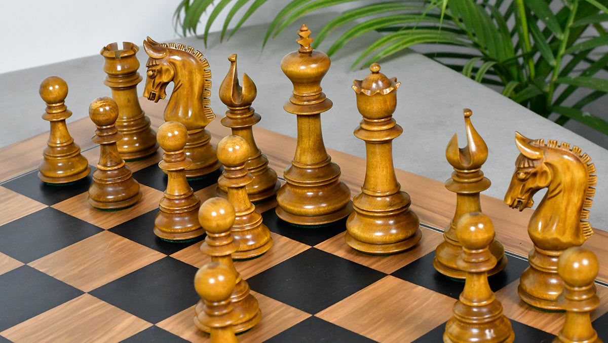 Combo Of War Admiral Antiqued Chess Pieces – 4.4" King – Handcrafted Staunton Design in Ebony Wood & Antiqued Boxwood With Wooden Black Dyed Poplar Olive Chess Board
