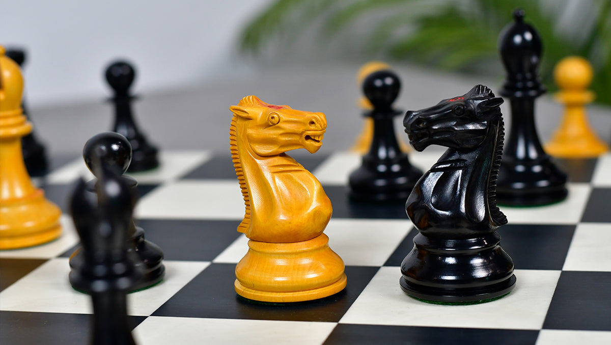 1900s' Marshall Staunton Pattern Chess Pieces in Ebony / Antiqued Boxwood with King Side Stamping - 3.75" King