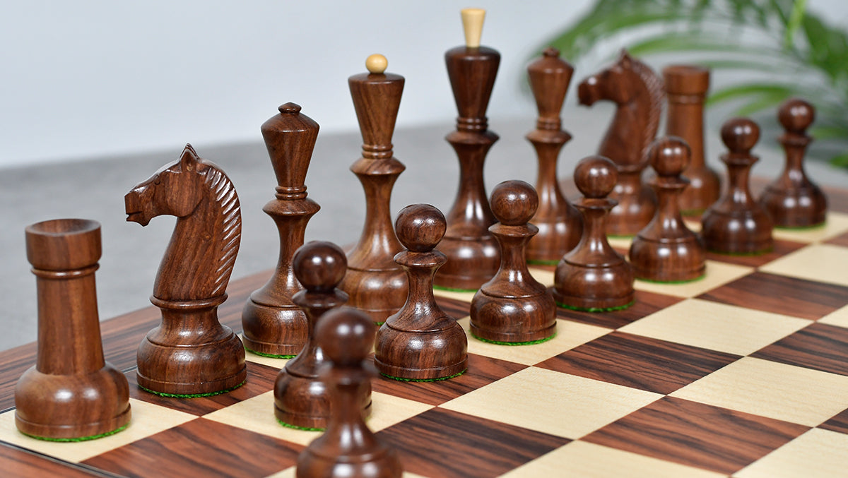 The Soviet Era 1950s' Botvinnik Tournament Weighted Chess Pieces in Sheesham & Boxwood 4.4 inch King - With Santos Palisander pr & Sycamore Chess Board