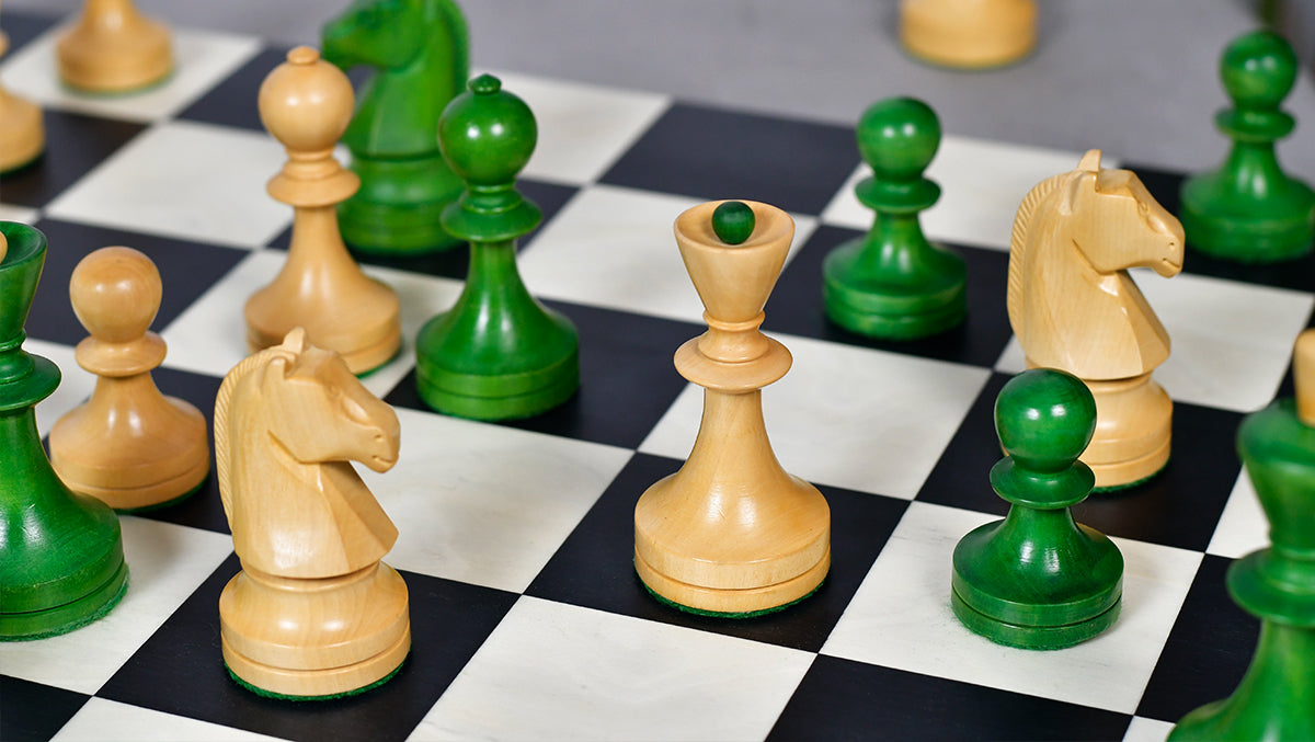 Russian (Soviet Era) Series Chess Pieces in Stained Green Ash Burl / Boxwood - 3.7" King