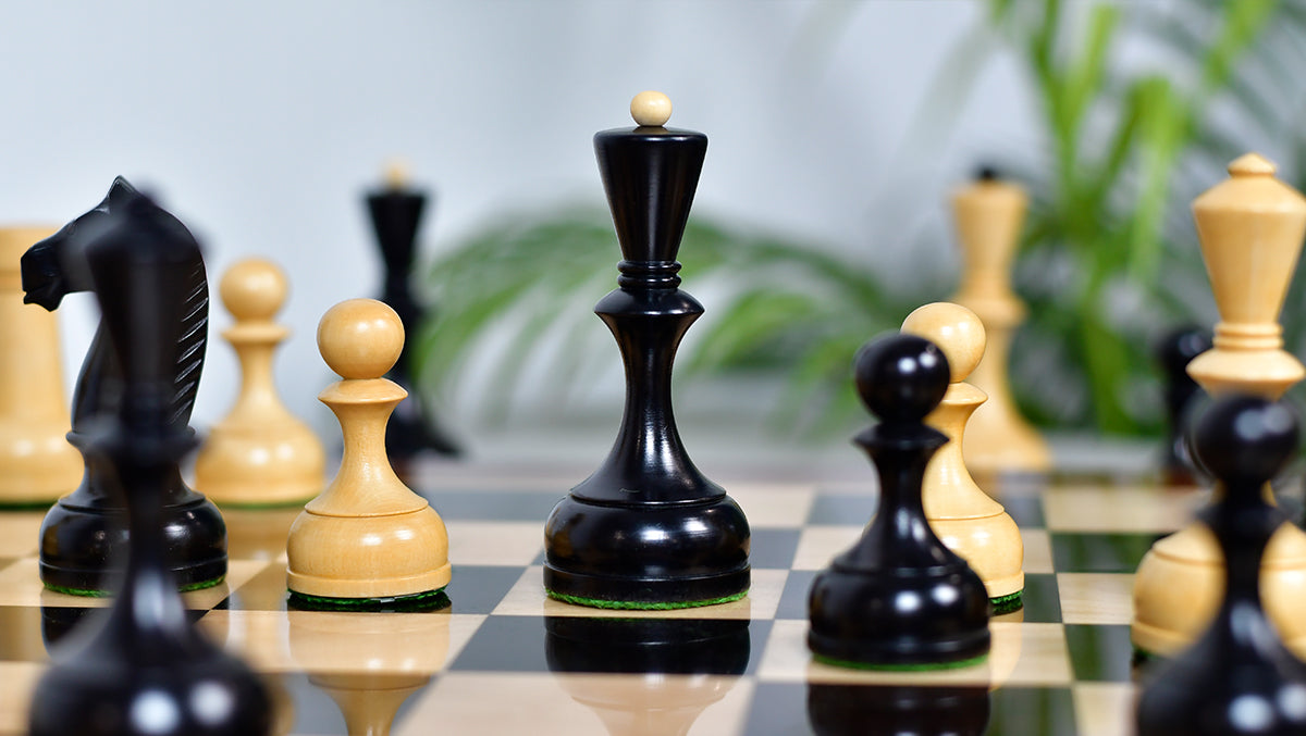 Combo Of 1950s' Botvinnik Tournament Soviet Era Chess Pieces in 4.4 inch King Ebonized Boxwood - 1480 Grams Weight With Solid Wooden Indian Chess Board in Genuine Ebony Wood & Maple Wood with Sheesham Wood Border