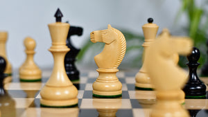 Combo Of Circa 1930s "Leningrad Schoolboy" 4.2 inch King Soviet Chess Pieces in Ebonized & Boxwood - 1530 grams With Solid Wooden Indian Chess Board in Genuine Ebony Wood & Maple Wood with Sheesham Wood Border