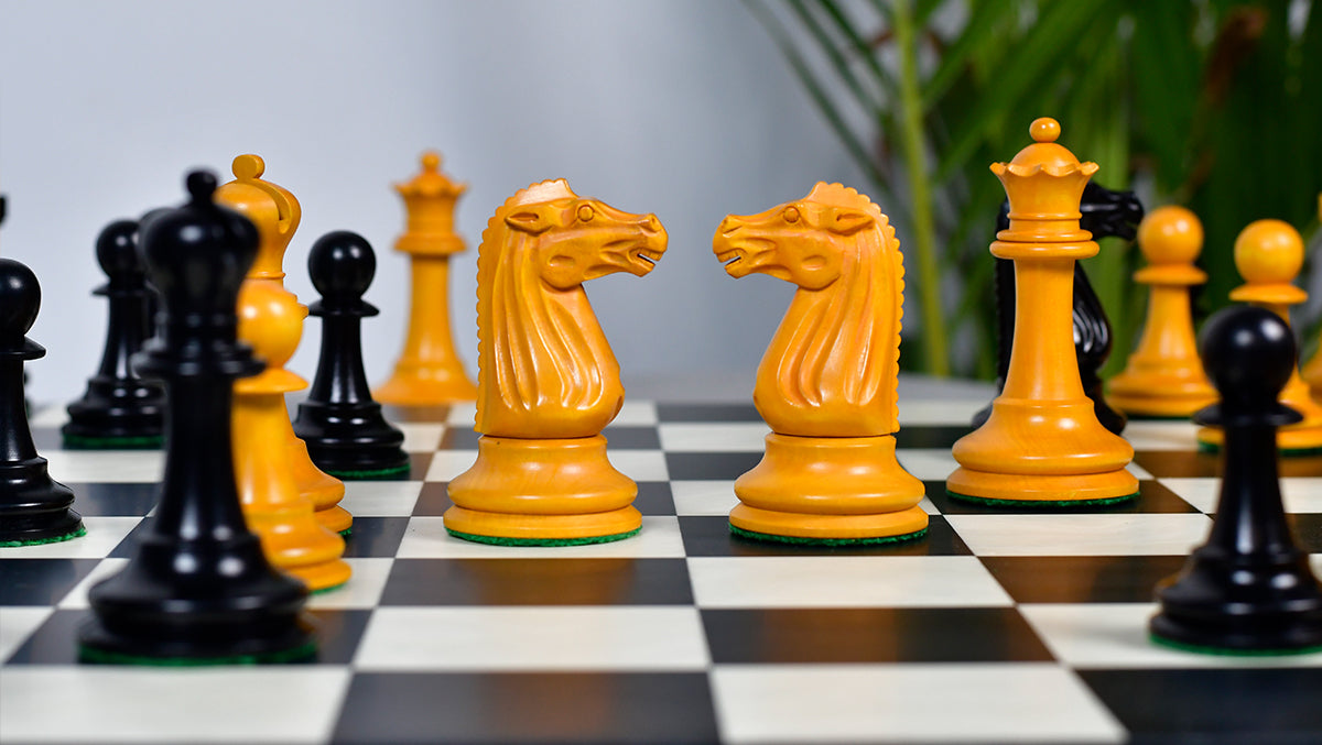 Circa 1887 Turner Teich Soviet-Staunton Style Weighted 4" Chess Pieces in Ebony & Golden Antique Boxwood - 1700 Grams Weight