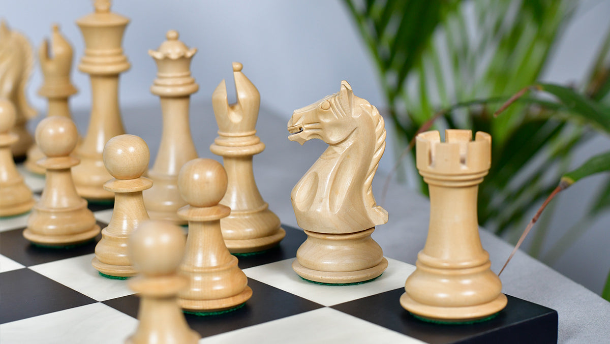 Fierce Knight (Queen's Gambit Series) Staunton Wooden Chess Pieces in Ebonized Boxwood & Box Wood - 4.0" King