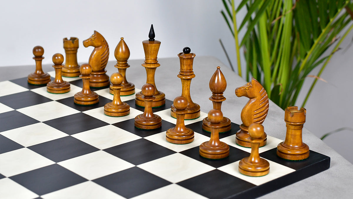 The Repro of Averbakh 1949 Moscow Chess Championship Chess Pieces in Ebonized & Antiqued Boxwood 4.20 inch King - 1130 Grams Weight