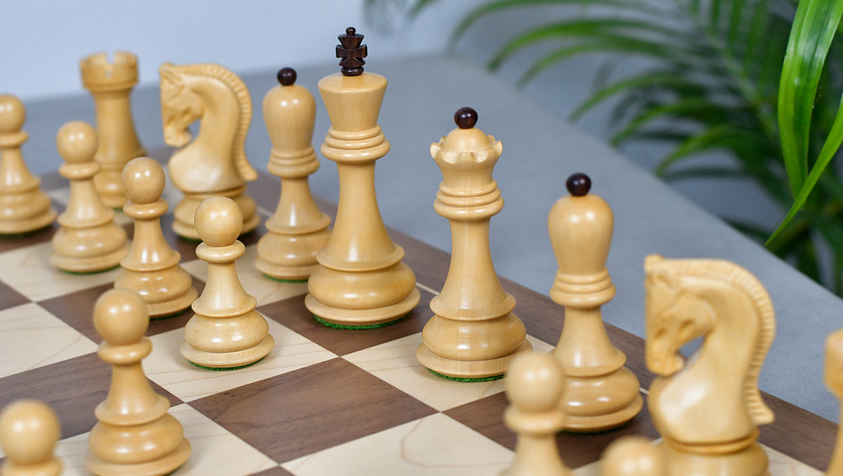 Combo Of 1959 World Chess Championship Russian Zagreb Weighted Chess Pieces in Sheesham / Natural Boxwood 4.14" - King With Wooden Walnut / Maple Chess Board