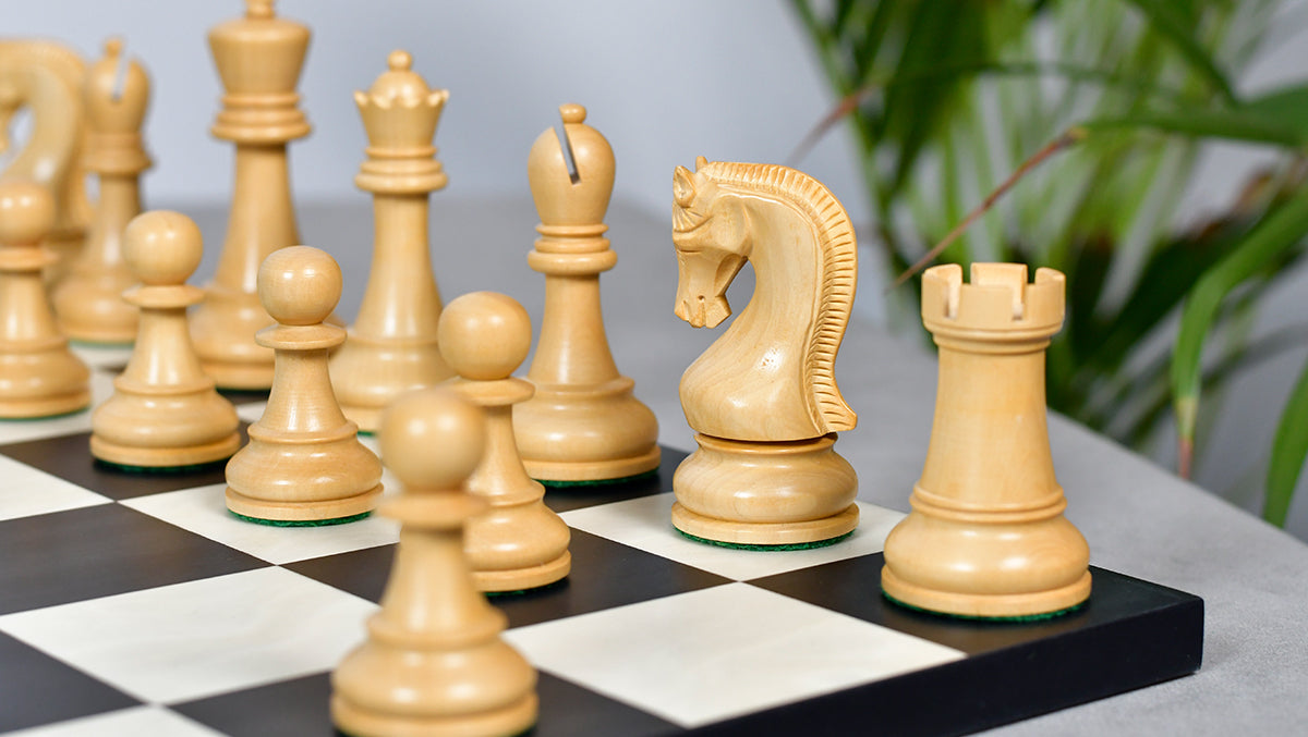 Leningrad Club-Sized Wooden Chess Pieces in Black Ebonized Wood & Boxwood- 4.0" King