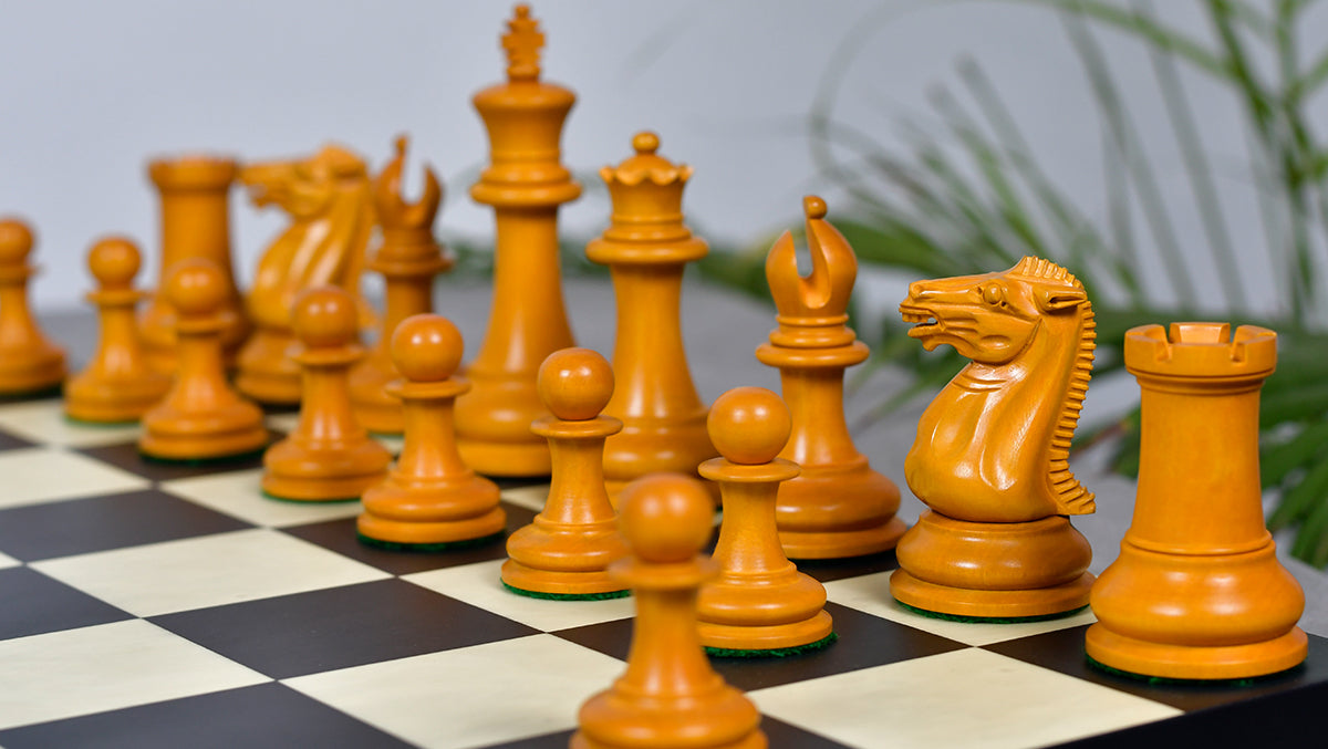 4.5" King - 1849 Original Staunton Pattern Triple Weighted Wooden Chess Pieces in Genuine Ebony & Antiqued Boxwood w/ King Side Stamping