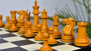 4.5" King - 1849 Original Staunton Pattern Triple Weighted Wooden Chess Pieces in Genuine Ebony & Antiqued Boxwood w/ King Side Stamping