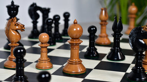 Exclusive Repro Old Antique Edinburgh Upright Chess Pieces in Distressed Boxwood and Ebonized Wood - 4.4" King with Extra Queens