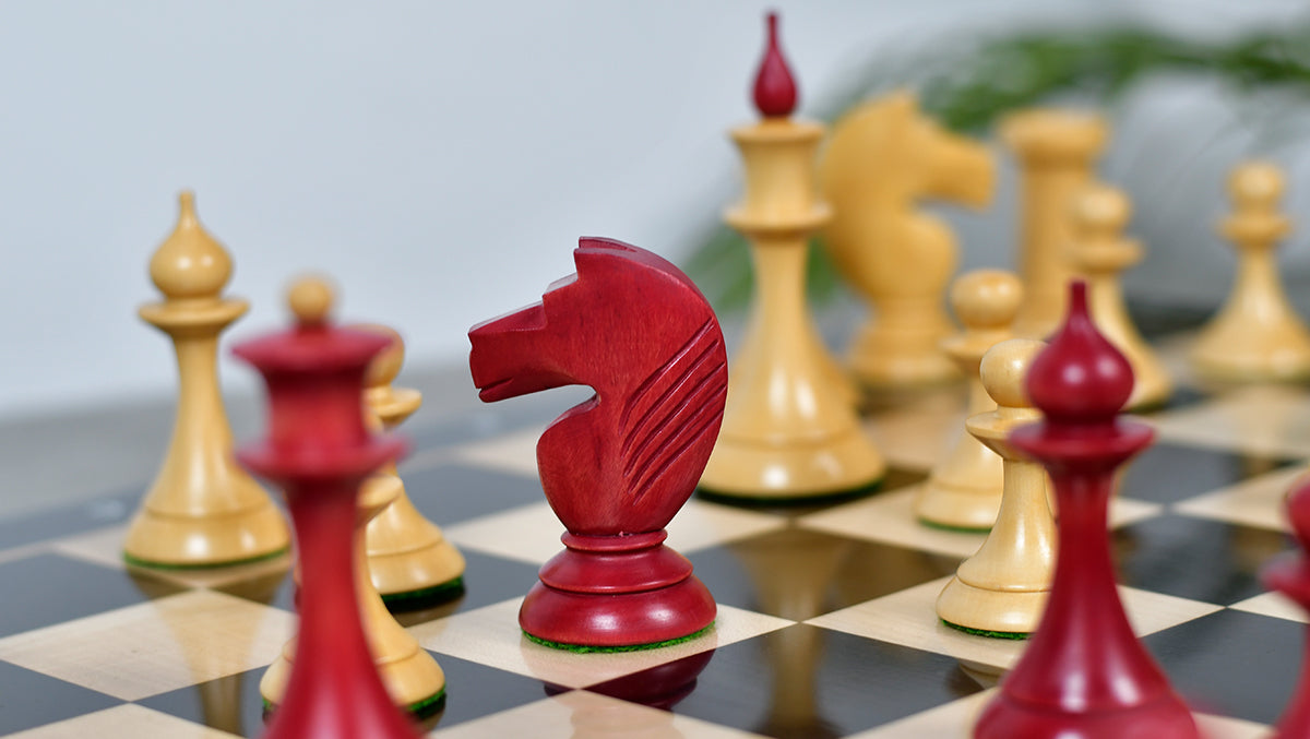 1950s' Soviet (Russian) Latvian Chess Pieces in Stained Crimson / Box Wood - 4.1" King - 1050 Grams