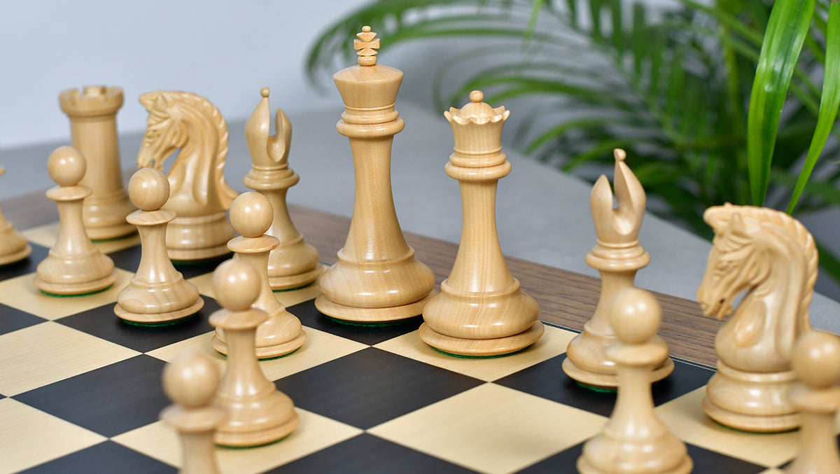 Combo Of 4.4 Inch Luxury Imperial Collector Series Artisan Chess Pieces Triple Weighted in Ebony and Boxwood With Wooden Black Dyed Poplar Sycamore Chess Board