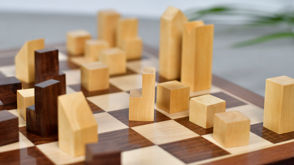 1966 F. Lanier Graham Chess Pieces - Minimalist Design in Sheesham & Boxwood - 2.79" King