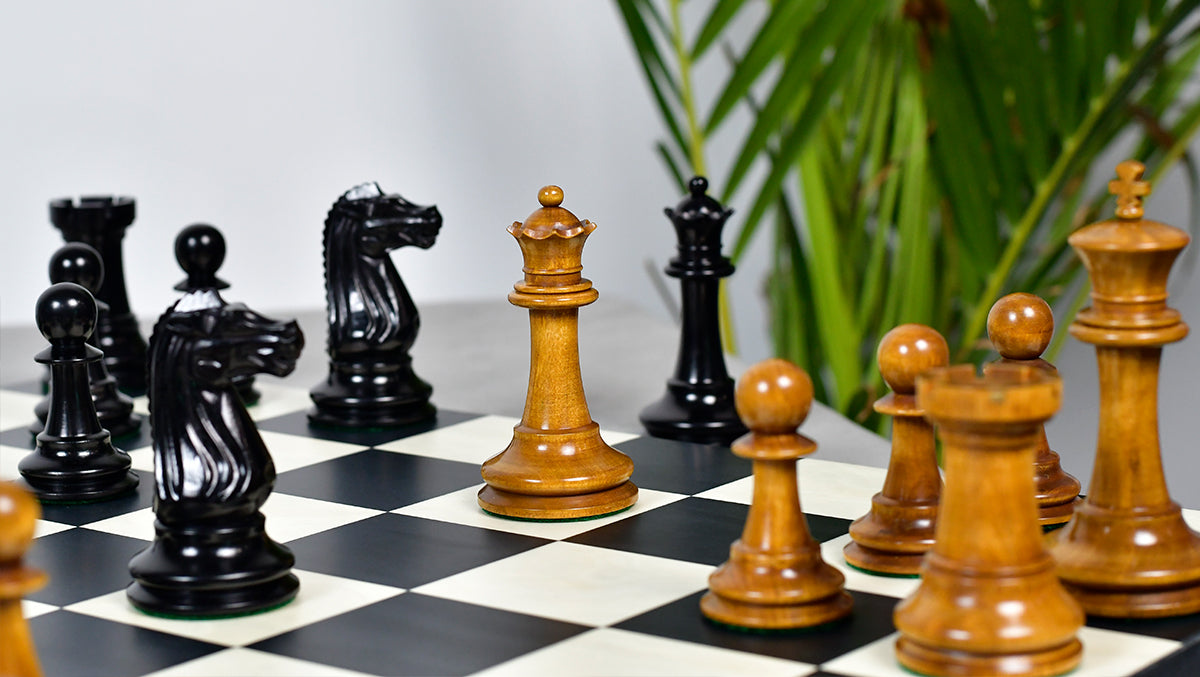Circa 1887 Turner Teich Soviet-Staunton Style Weighted 4" Chess Pieces in Ebony & Antiqued Boxwood - 1700 Grams Weight