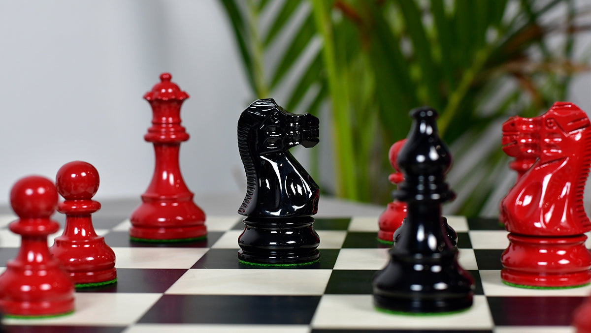 Smokey Staunton Series Painted Chess Set - Chess Pieces Only - Black and Red Painted Boxwood - 3.8" King