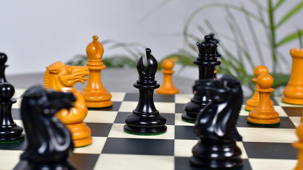 4.5" King - 1849 Original Staunton Pattern Triple Weighted Wooden Chess Pieces in Genuine Ebony & Antiqued Boxwood w/ King Side Stamping