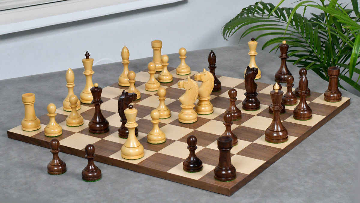 Combo Of Circa 1930s "Leningrad Schoolboy" Soviet Chess Pieces 4.2 inch King in Sheesham & Boxwood - 1530 Grams With Minimalist Walnut Maple Wooden Chess Board Matte Finish