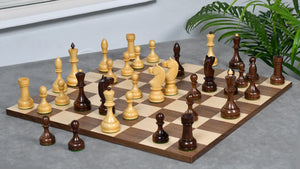 Combo Of Circa 1930s "Leningrad Schoolboy" Soviet Chess Pieces 4.2 inch King in Sheesham & Boxwood - 1530 Grams With Minimalist Walnut Maple Wooden Chess Board Matte Finish
