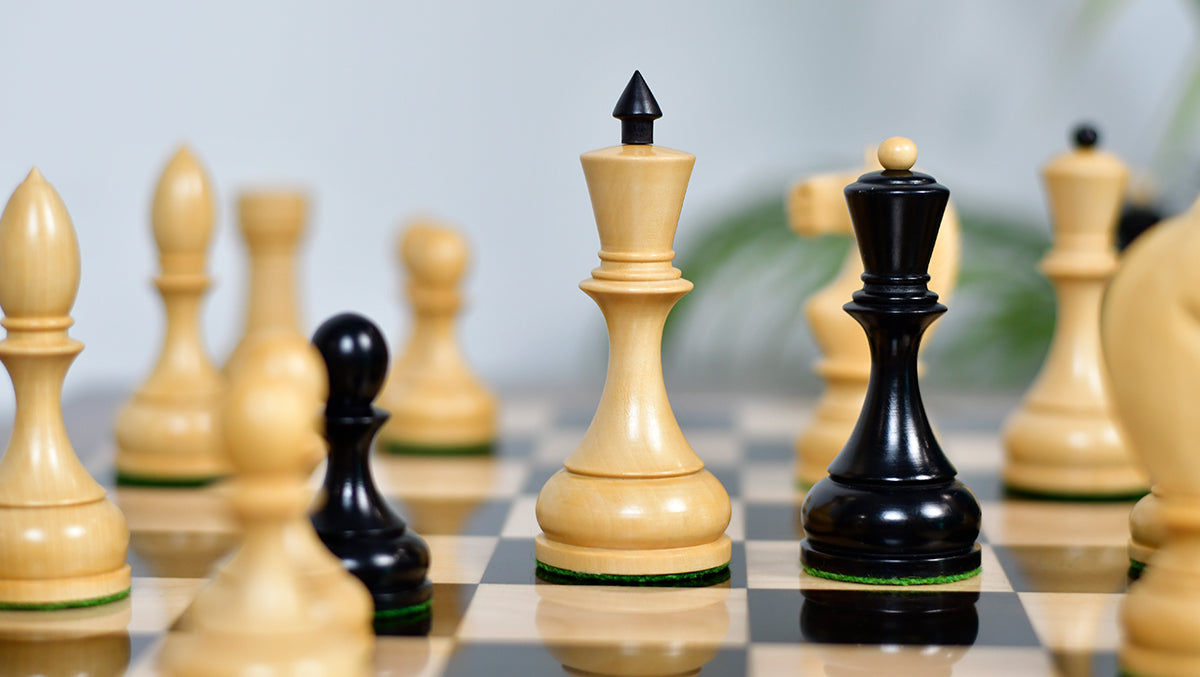 Combo Of Circa 1930s "Leningrad Schoolboy" 4.2 inch King Soviet Chess Pieces in Ebonized & Boxwood - 1530 grams With Solid Wooden Indian Chess Board in Genuine Ebony Wood & Maple Wood with Sheesham Wood Border