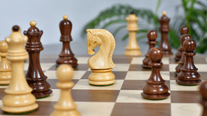 Combo Of 1959 World Chess Championship Russian Zagreb Weighted Chess Pieces in Sheesham / Natural Boxwood 4.14" - King With Wooden Walnut / Maple Chess Board