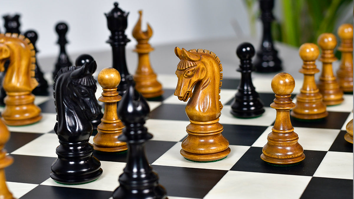 War Admiral Antiqued Chess Pieces – 4.4" King – Handcrafted Staunton Design in Ebony Wood & Antiqued Boxwood