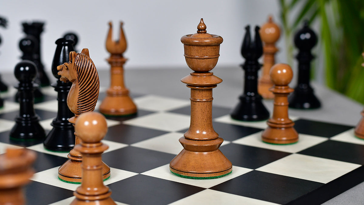 Exclusive Repro Old Antique Edinburgh Upright Chess Pieces in Distressed Boxwood and Ebonized Wood - 4.4" King with Extra Queens