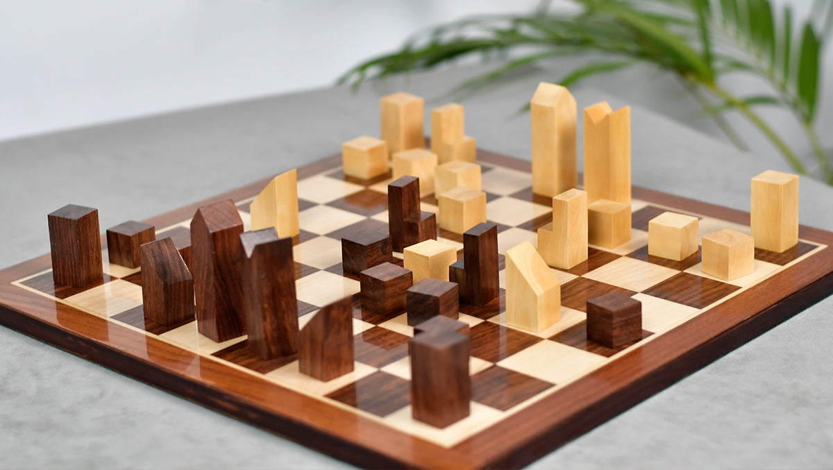 1966 F. Lanier Graham Chess Pieces - Minimalist Design in Sheesham & Boxwood - 2.79" King