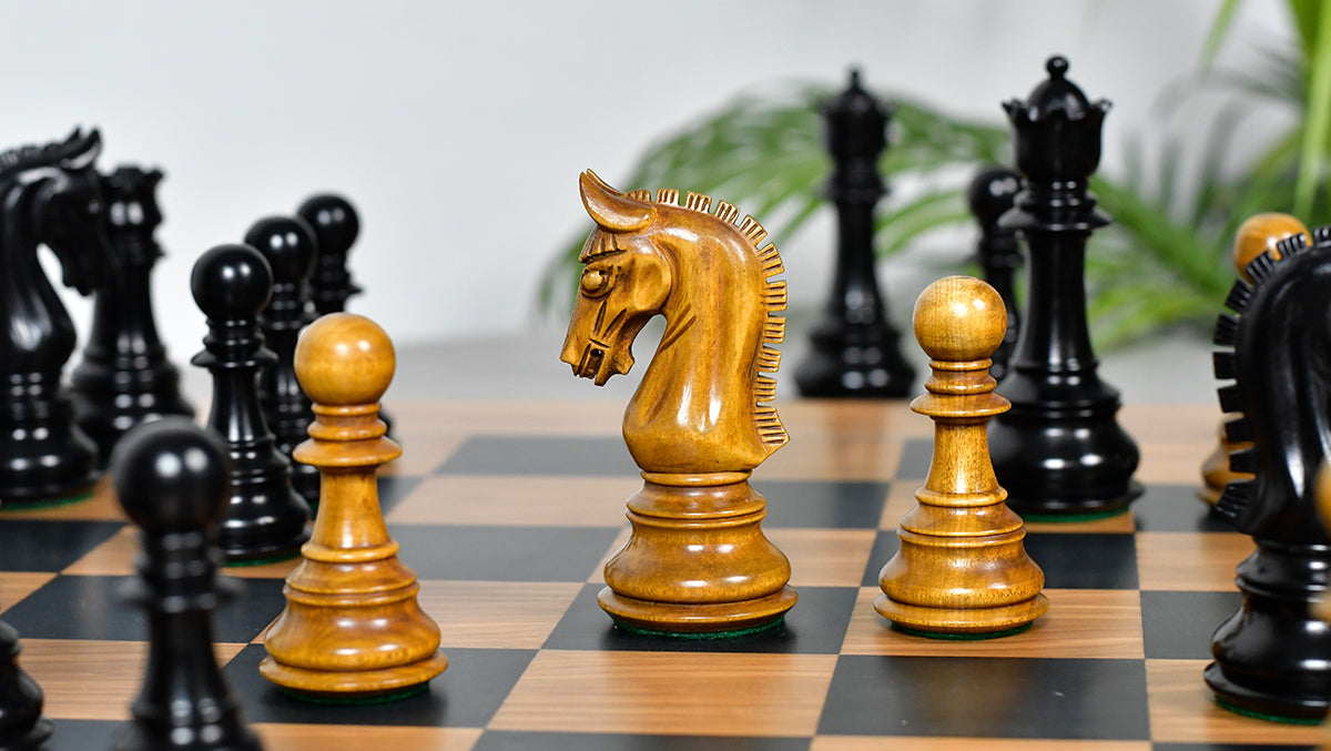 Combo Of War Admiral Antiqued Chess Pieces – 4.4" King – Handcrafted Staunton Design in Ebony Wood & Antiqued Boxwood With Wooden Black Dyed Poplar Olive Chess Board