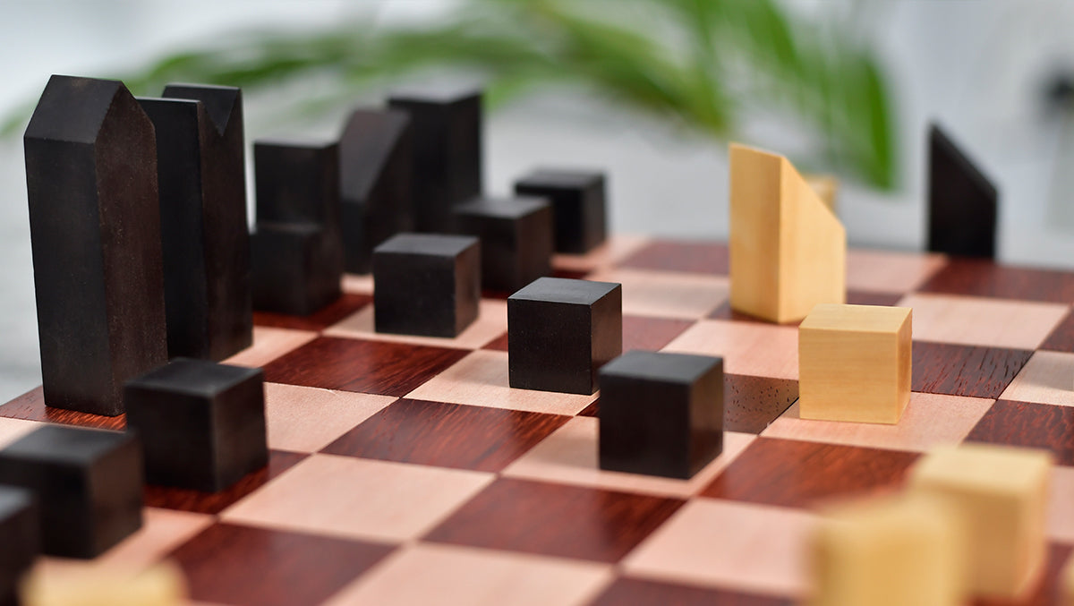 1966 F. Lanier Graham Chess Pieces - Minimalist Design in Ebonized Boxwood & Natural Boxwood - 2.79" King