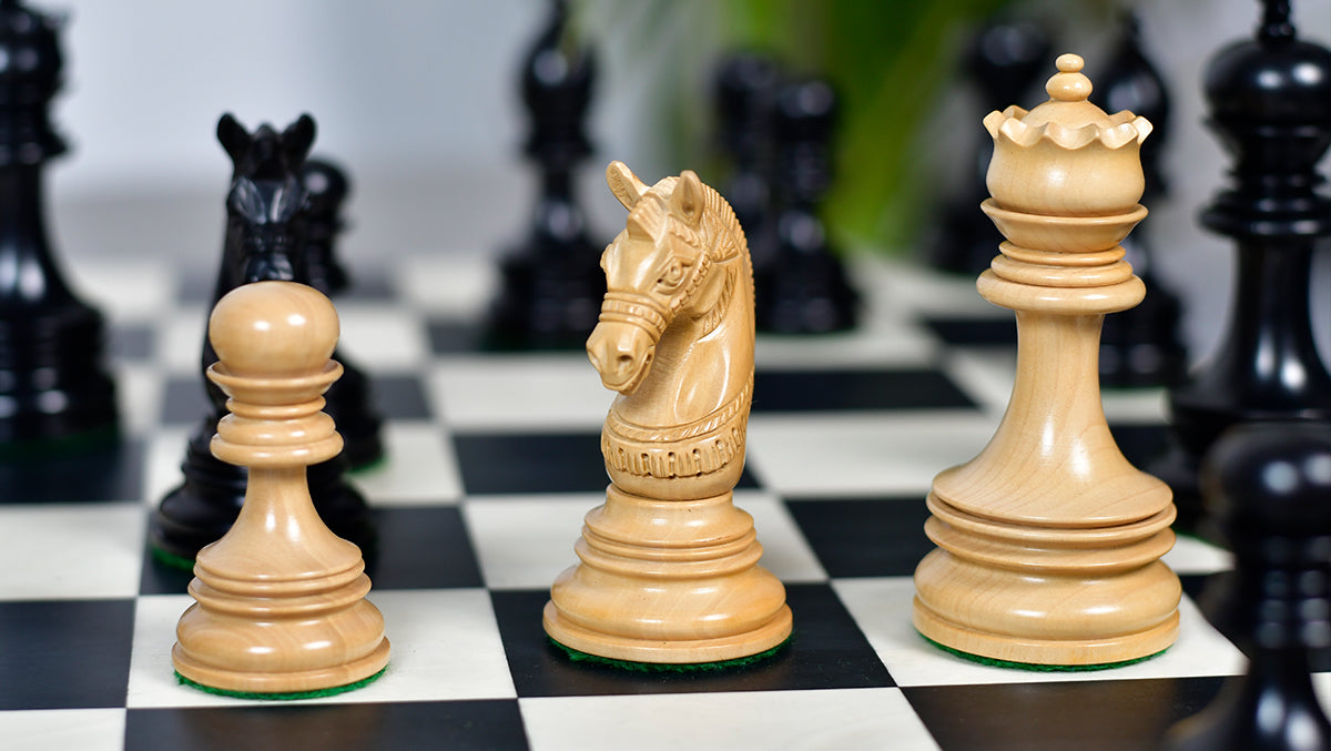 Indian Chetak II Customized Lead Weighted Luxury Chess Pieces in Ebony wood / Boxwood - 4.3" King extra Queens