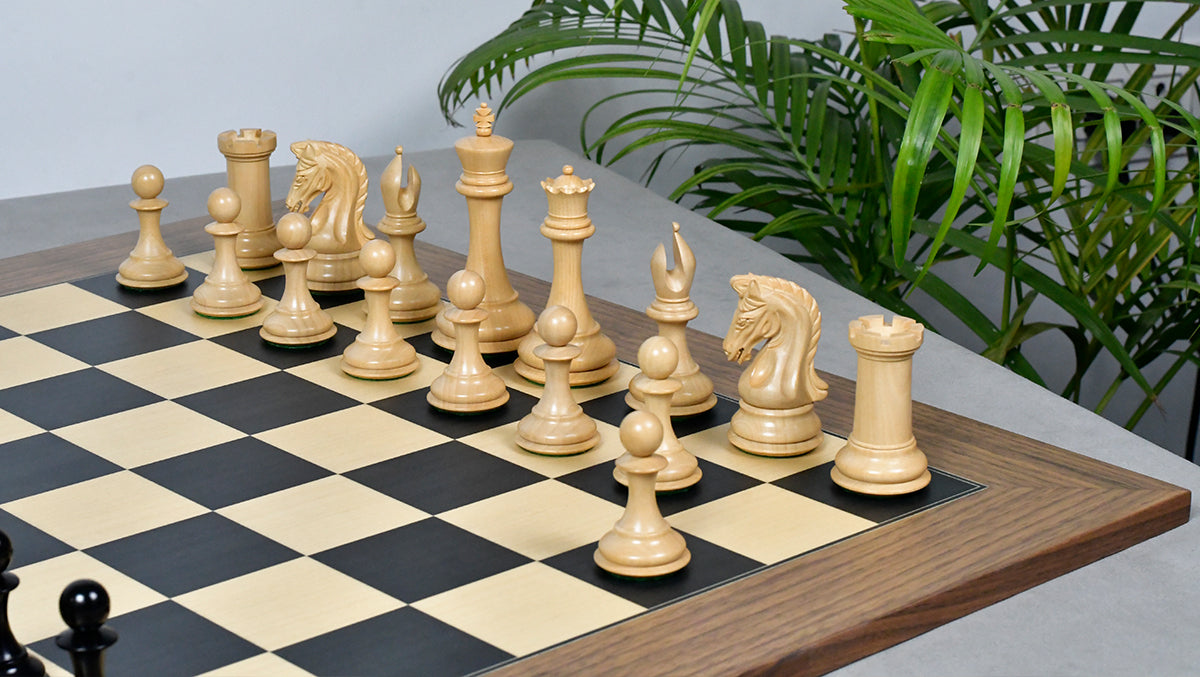 Combo Of 4.4 Inch Luxury Imperial Collector Series Artisan Chess Pieces Triple Weighted in Ebony and Boxwood With Wooden Black Dyed Poplar Sycamore Chess Board