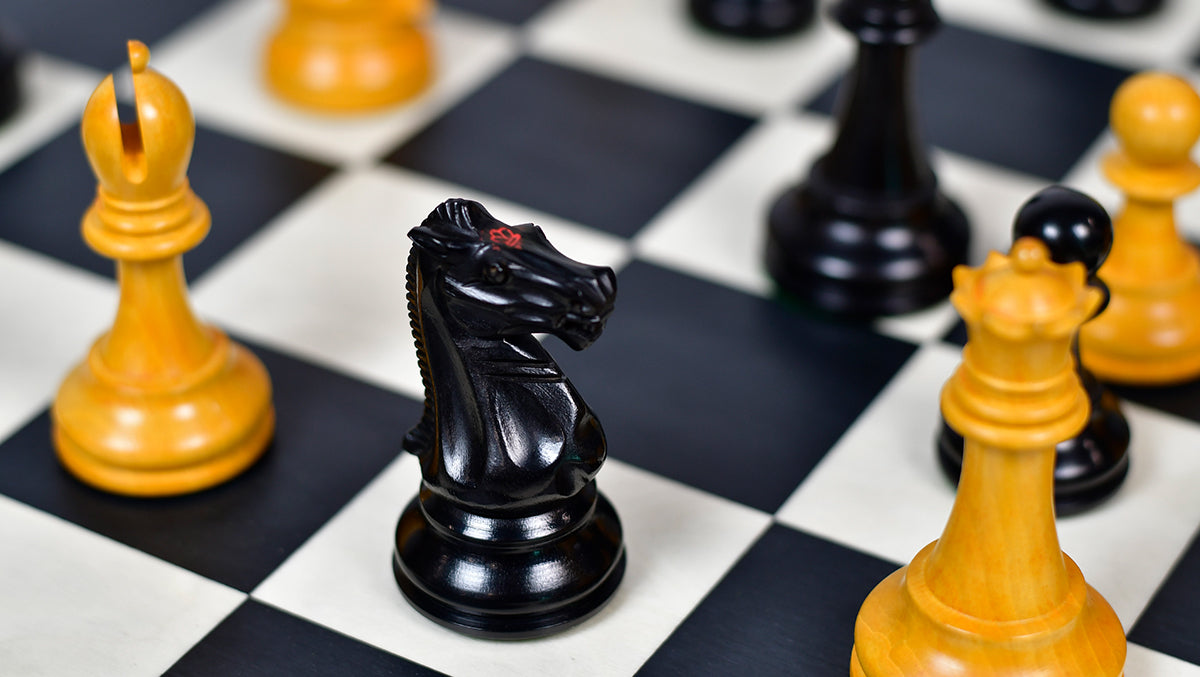 1900s' Marshall Staunton Pattern Chess Pieces in Ebony / Antiqued Boxwood with King Side Stamping - 3.75" King