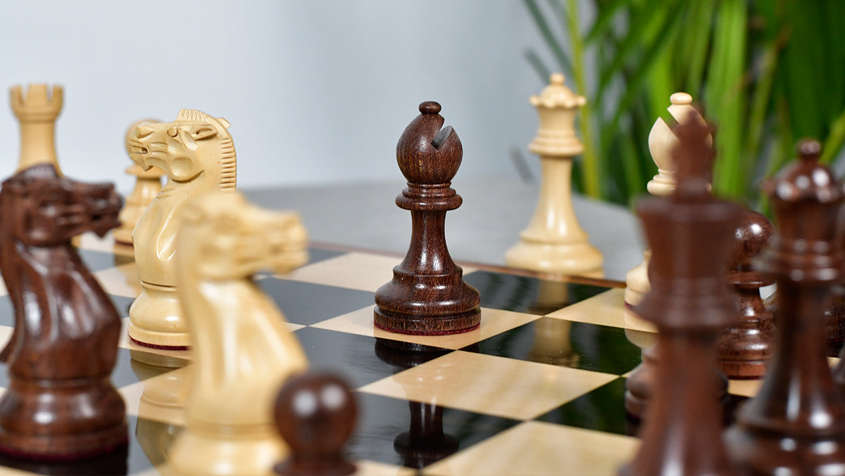 The Judit Polgar Repro Staunton Weighted Tournament Chess Pieces in Anjan Wood & Boxwood 3 ¾ Inch King - 1000 Grams