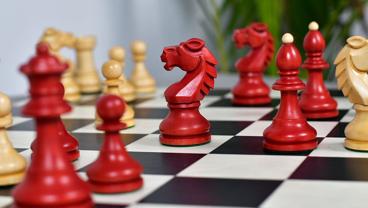 Special Edition Reproduced Vintage 1950's Circa Bohemia Staunton Series German Chess Pieces in Stained Crimson Boxwood - 3.89" King
