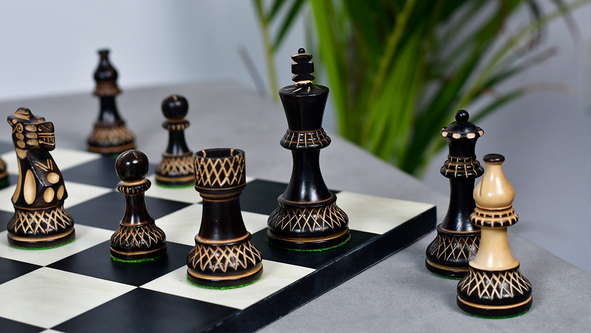 Burnt Blazed Series Handcarved Chess Pieces in Burnt Box Wood - 3.8" King - Best Seller
