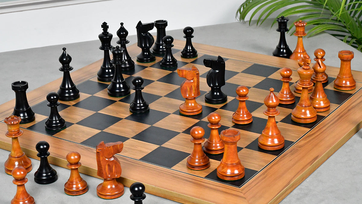 Combo Of The 1973 Philippines Repro International Tournament Chess Pieces in 4.2 Inch King Ebonized & Distressed Antique With Wooden Black Dyed Poplar Olive Chess Board