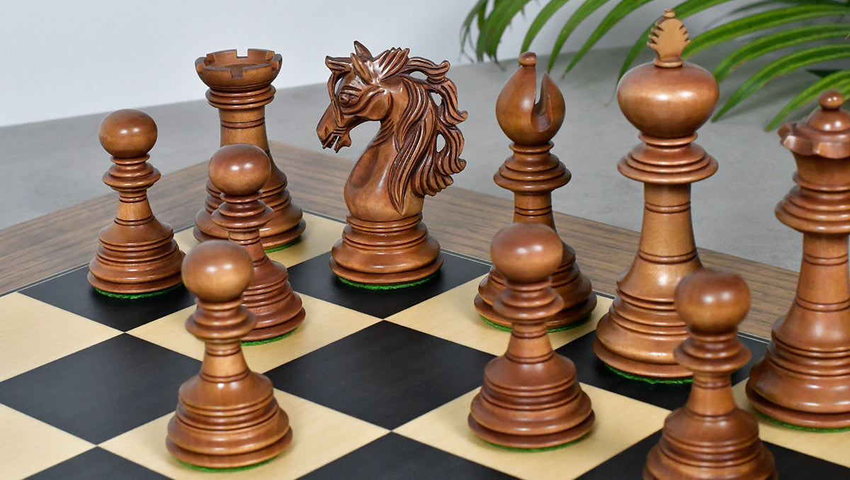 Combo Of American Adios Series Luxury Chess Pieces in Distressed Boxwood & Ebony Wood - 4.4" King With Wooden Black Dyed Poplar Sycamore Chess Board