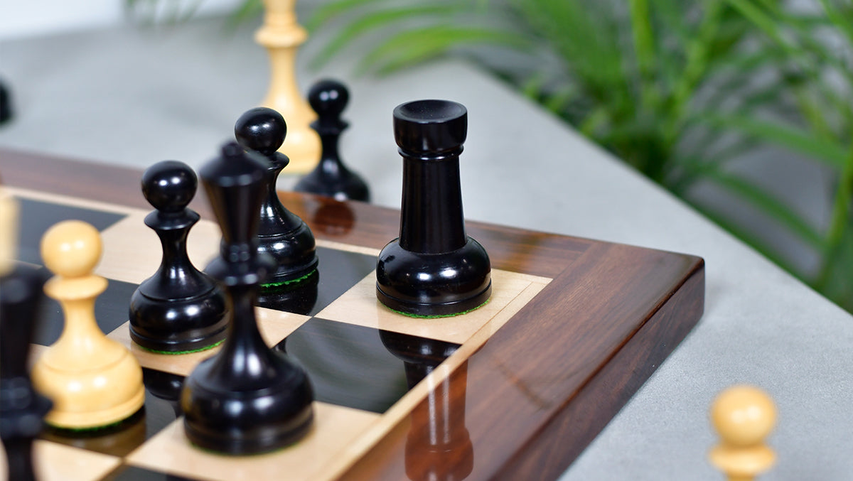 Combo Of 1950s' Botvinnik Tournament Soviet Era Chess Pieces in 4.4 inch King Ebonized Boxwood - 1480 Grams Weight With Solid Wooden Indian Chess Board in Genuine Ebony Wood & Maple Wood with Sheesham Wood Border