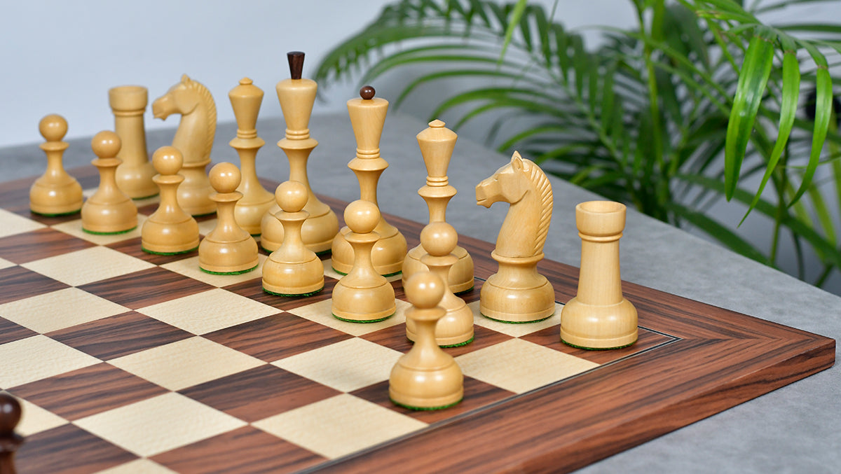 The Soviet Era 1950s' Botvinnik Tournament Weighted Chess Pieces in Sheesham & Boxwood 4.4 inch King - With Santos Palisander pr & Sycamore Chess Board