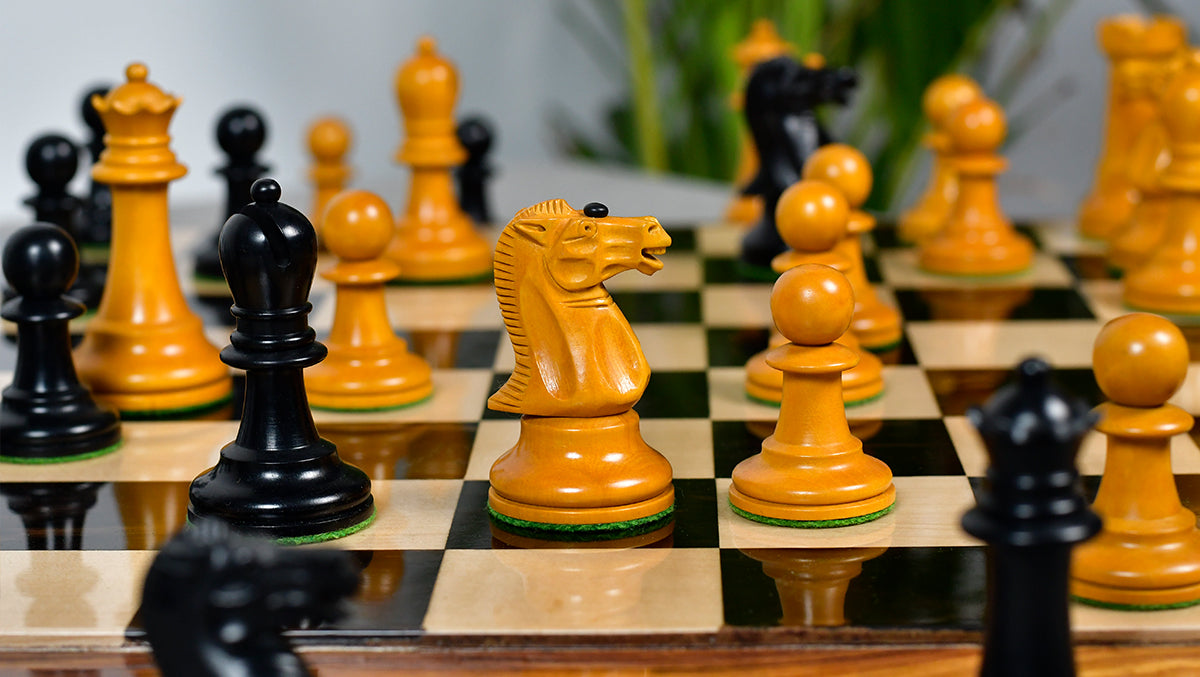 Reproduced Richard Whitty Antique Chess Pieces with King Side Stamping in Ebony / Antiqued Box wood - 3.75" King
