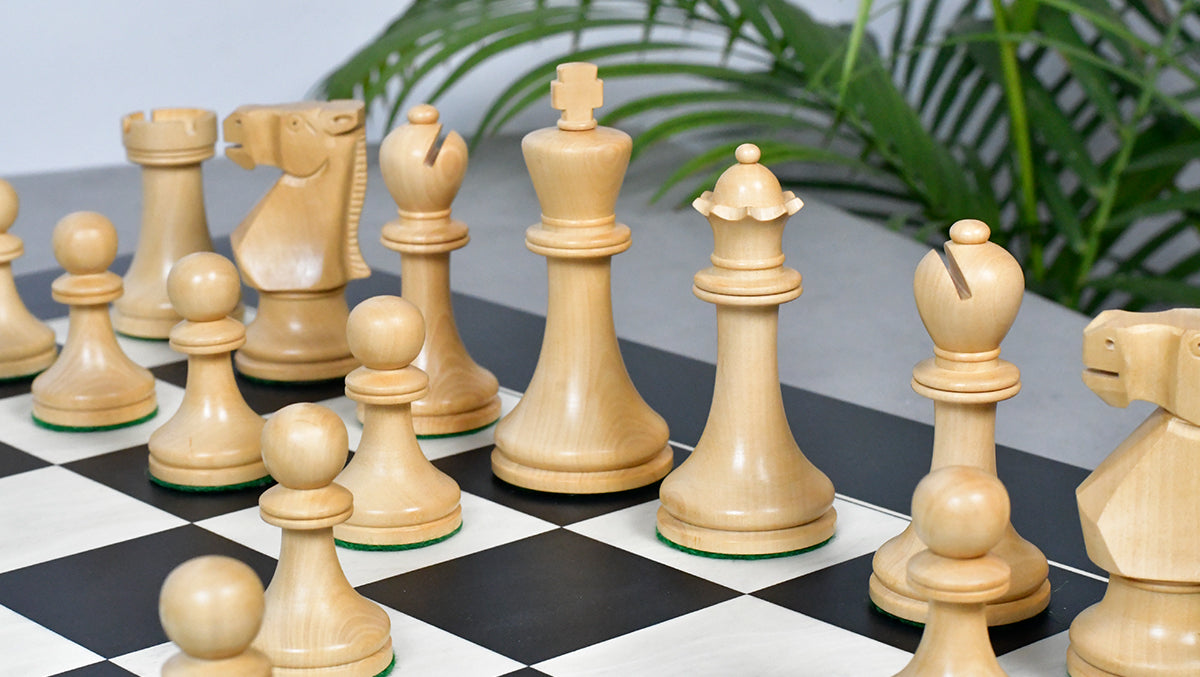 Combo Of Old Vintage English Staunton Series Chess Pieces in Ebonized Wood & Boxwood - 3.8" King With Wooden Black Anigre/ Maple Chess Board