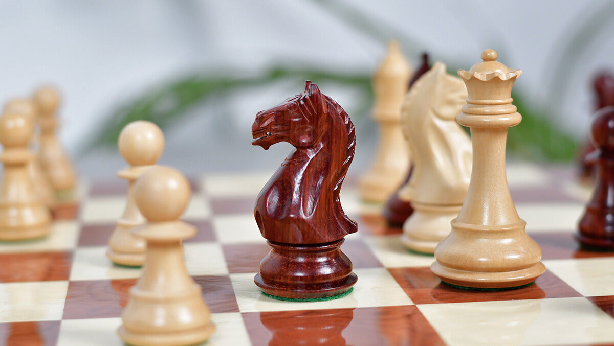 Fierce Knight (The Queen's Gambit) Staunton Series Chess Pieces in Bud Rosewood & Box Wood - 4.0" King