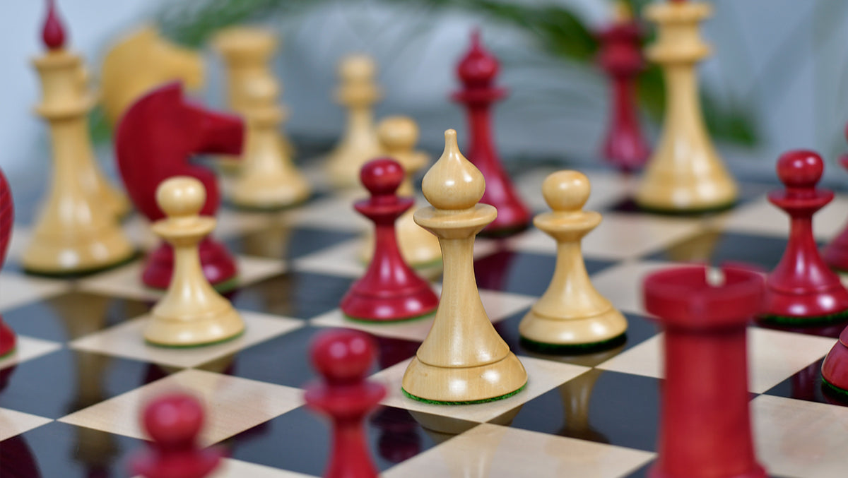 1950s' Soviet (Russian) Latvian Chess Pieces in Stained Crimson / Box Wood - 4.1" King - 1050 Grams