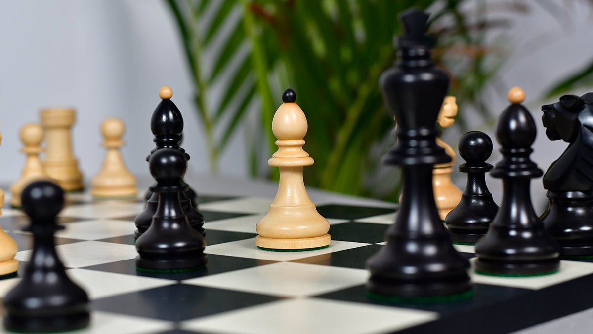 Reproduced Vintage 1950's Circa Bohemia Staunton Series German Chess Pieces in Ebonized Boxwood & Natural Boxwood - 3.89" King