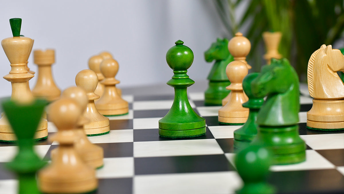 Russian (Soviet Era) Series Chess Pieces in Stained Green Ash Burl / Boxwood - 3.7" King