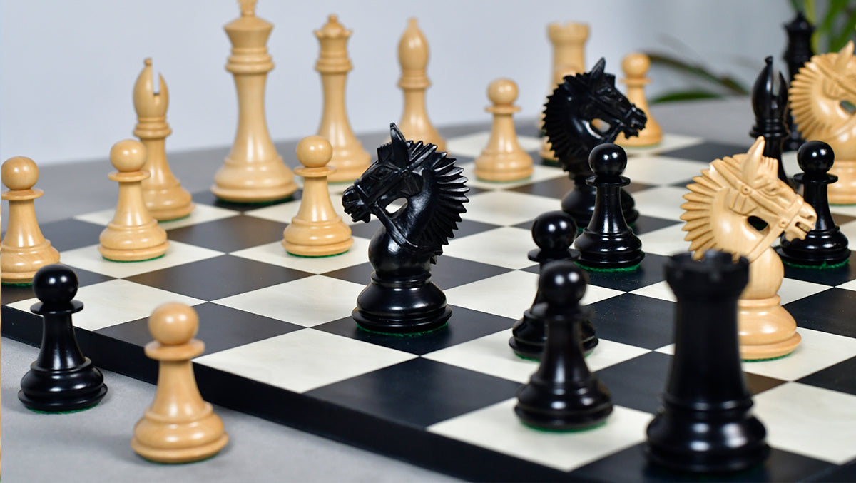 The American Bridle Triple-Weighted Chess Pieces with Extra Queen - Handcrafted in Ebony & Boxwood 4.2" King