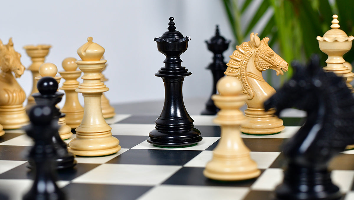 The Sikh Empire Series Triple Weighted Wooden Handmade Chess Pieces in Genuine Ebony Wood and Indian Boxwood - 4.5" King with Extra Queens