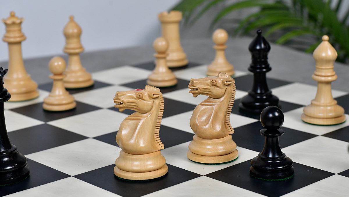 1880s-90s Circa Lasker Staunton Pattern Antique Chess Pieces in Ebony / Boxwood with King Side Stamping - 3.75" King